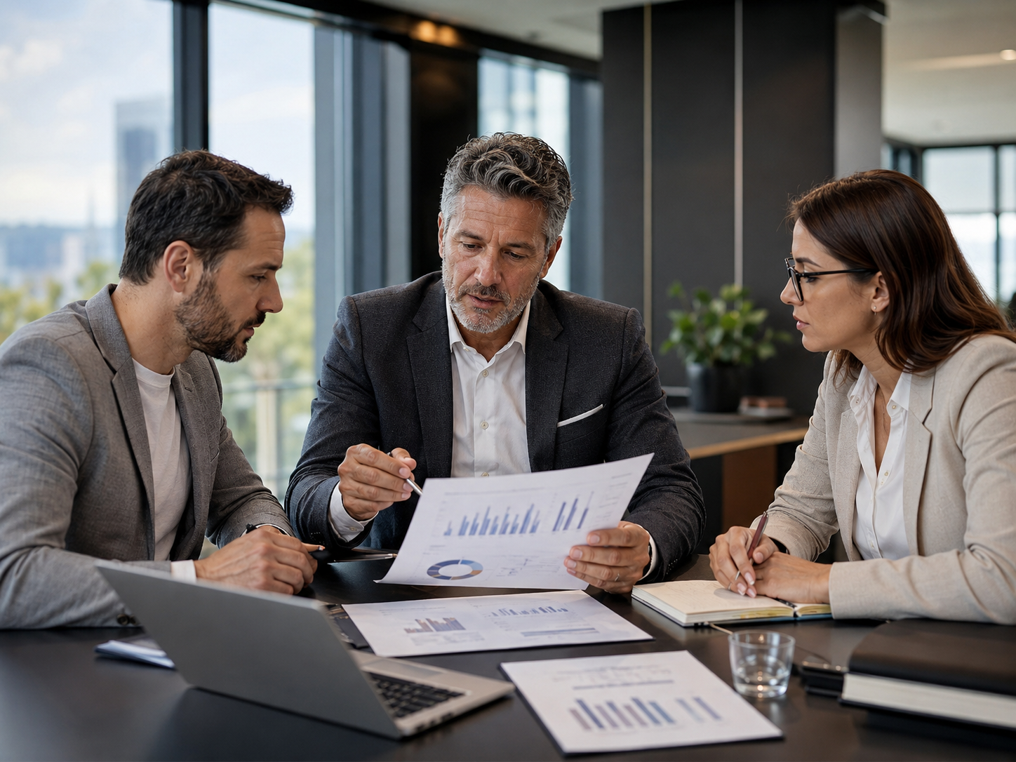 Senior business leader and colleagues reviewing customer and sales information