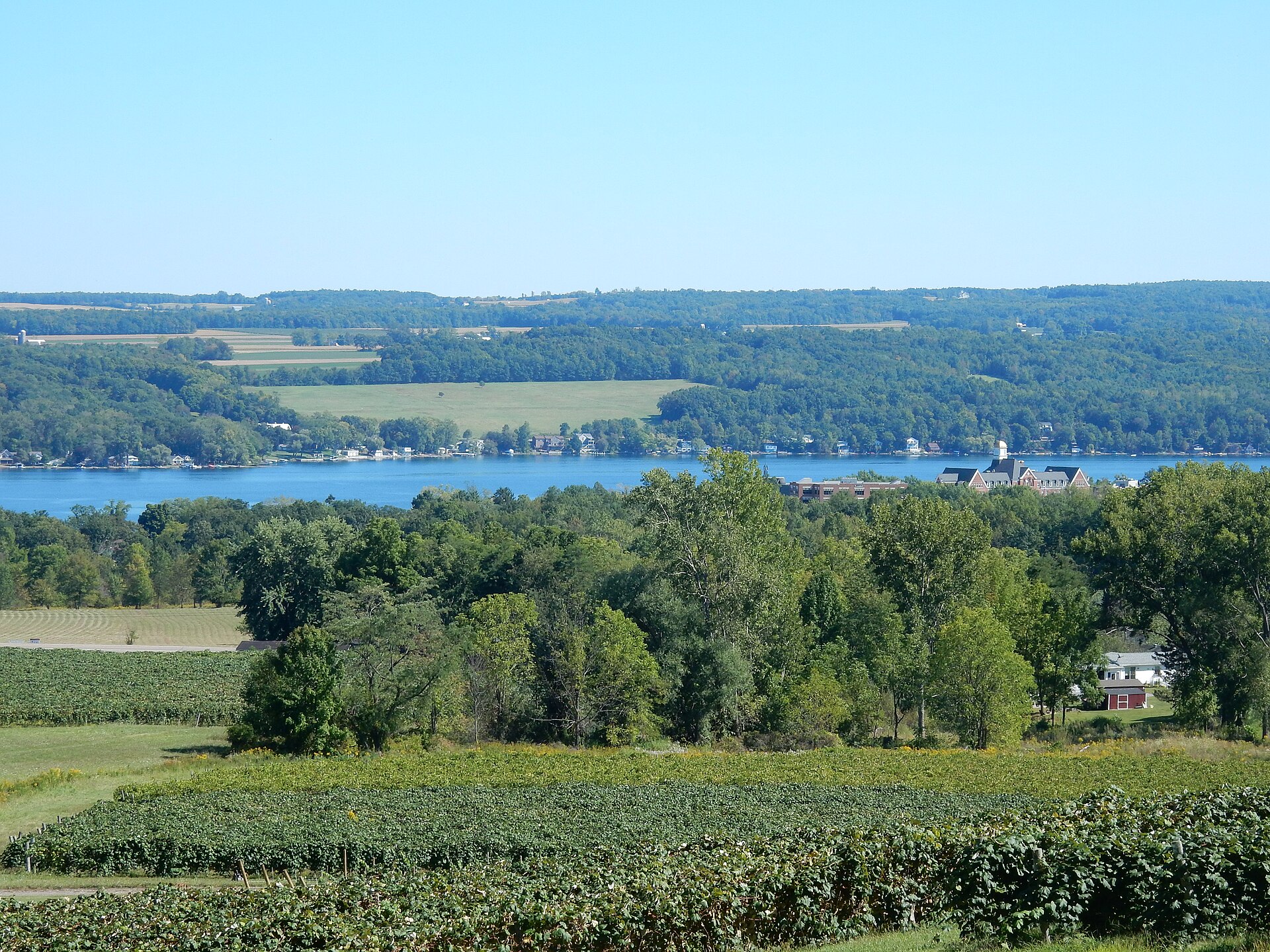 View across Keuka Lake from a vineyard