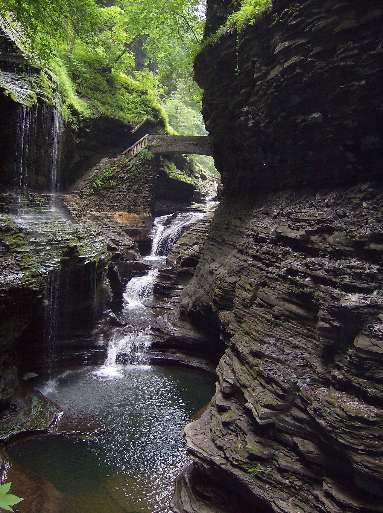 Waterfalls and stone bridge in Watkins Glen State Park